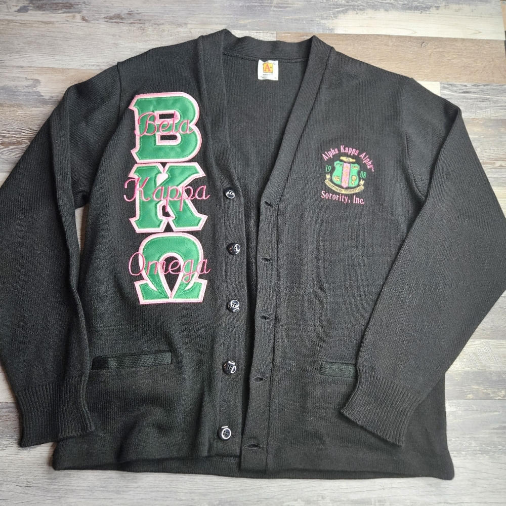 Varsity Cardigan Black Large Pink Green Alpha Kappa Alpha Soroity Sweater